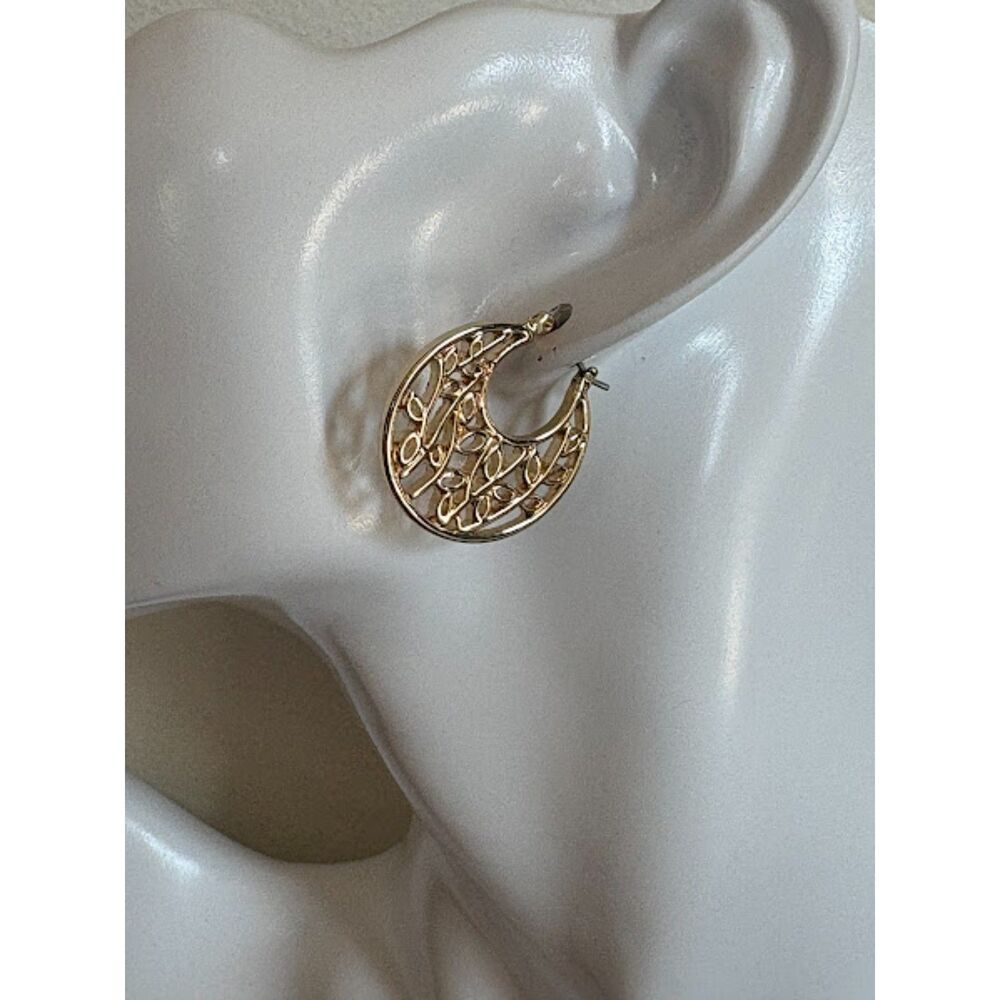 Floral Gold-Tone Hoop Earrings 1" New